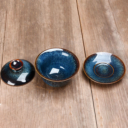 BowLift | Vintage Kiln Ceramic Gaiwan Sancai Tea Cup Tea Cup and Saucer with Lid