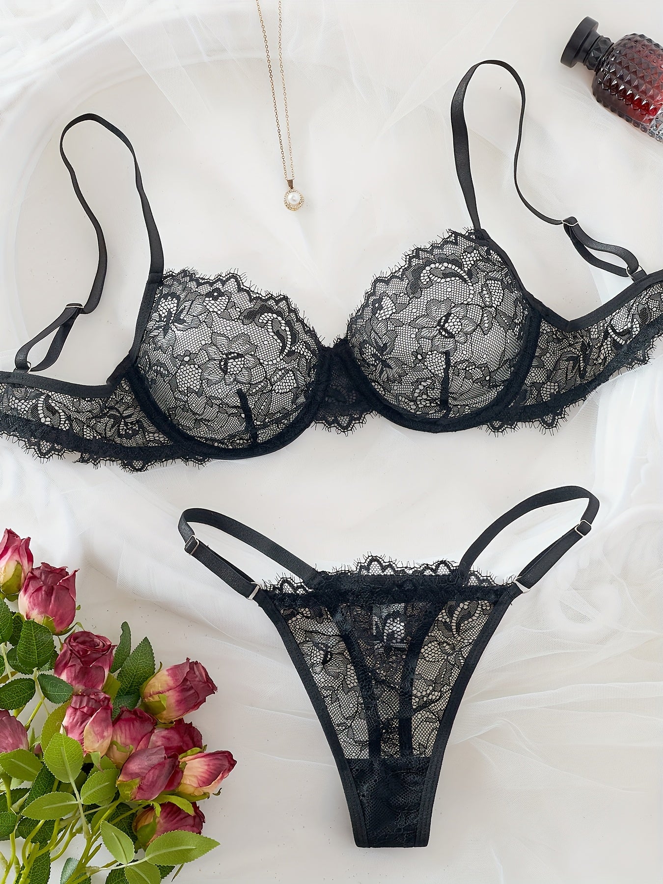 Lingerie Sets, Lace Lingerie & Sexy Underwear – 2-Piece Eyelash Lace Strappy Bra and Thong Set, Semi-Sheer, Unpadded, Medium Support