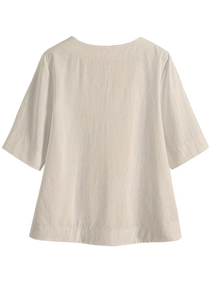 Women’s V Neck Loose Blouse with Half Sleeves and Casual Summer Fit