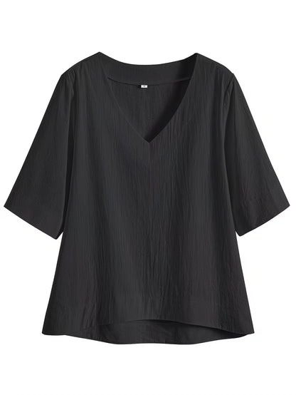 Women’s V Neck Loose Blouse with Half Sleeves and Casual Summer Fit
