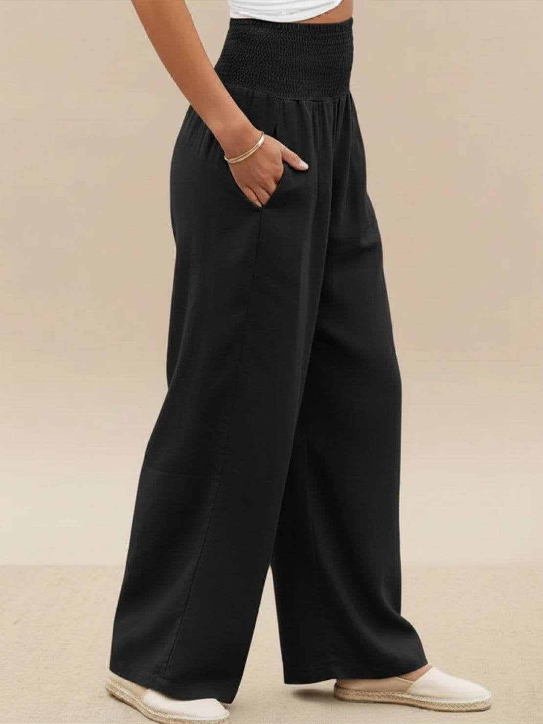 Women’s High Waist Smocked Wide Leg Palazzo Trousers