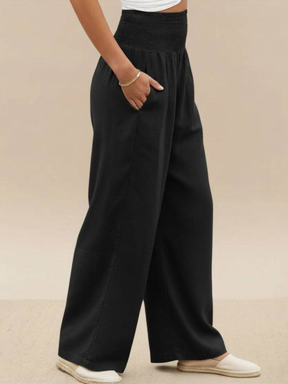 Women’s High Waist Smocked Wide Leg Palazzo Trousers