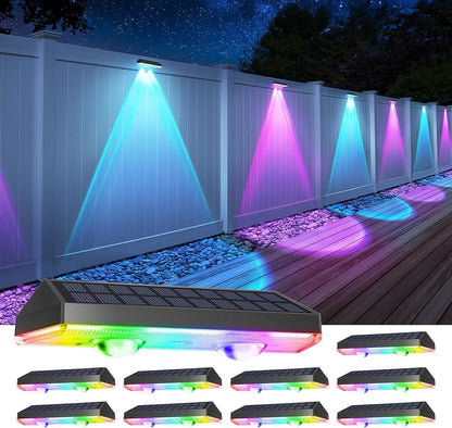 LZINA™ | Solar fence lights outdoor warm white & RGB changing solar deck lights, LED solar lights for outdoor wall railing terrace stairs step garden backyard