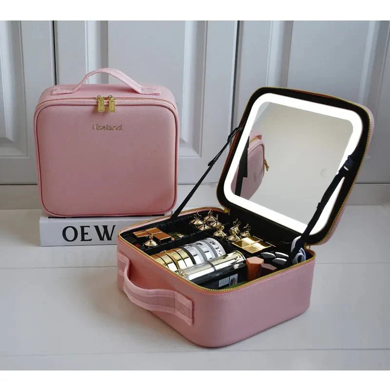 BowLift | MirrorGlam LED Make-up Bag – Portable Cosmetic Case with Adjustable Light & Organizer Loops