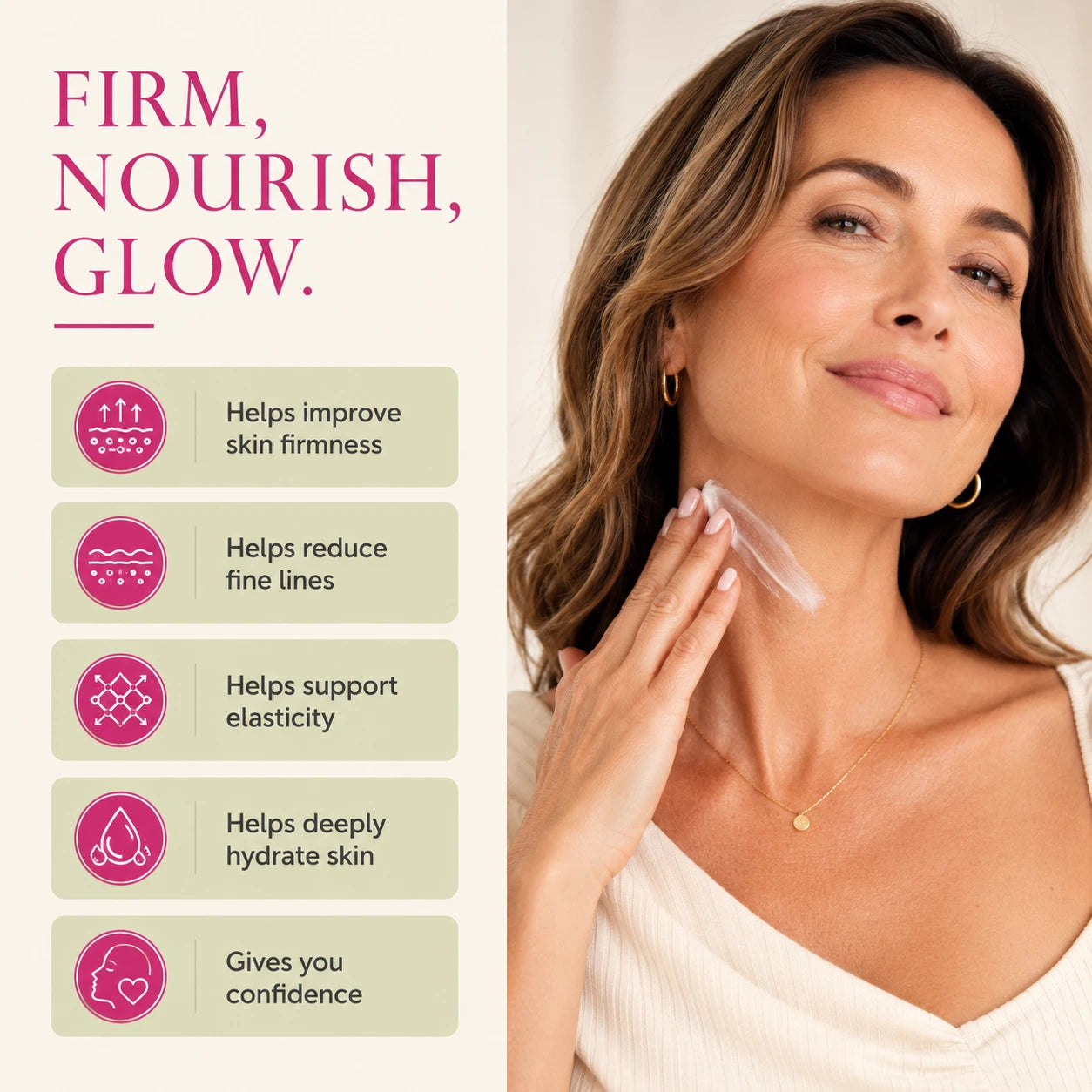 Woman using neck firming cream for smoother firmer skin and reduced neck wrinkles