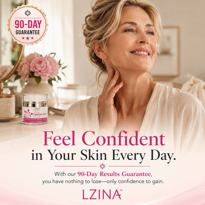 Mature woman with firmer looking neck skin after using retinol collagen neck cream