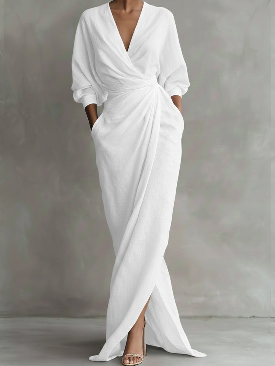 Women’s Linen Wrap Maxi Dress with V Neck, Three-Quarter Sleeves and Front Slit