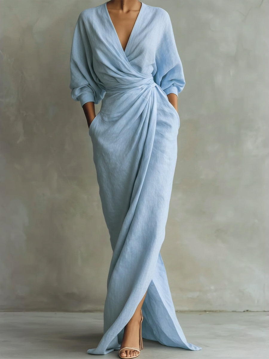 Women’s Linen Wrap Maxi Dress with V Neck, Three-Quarter Sleeves and Front Slit