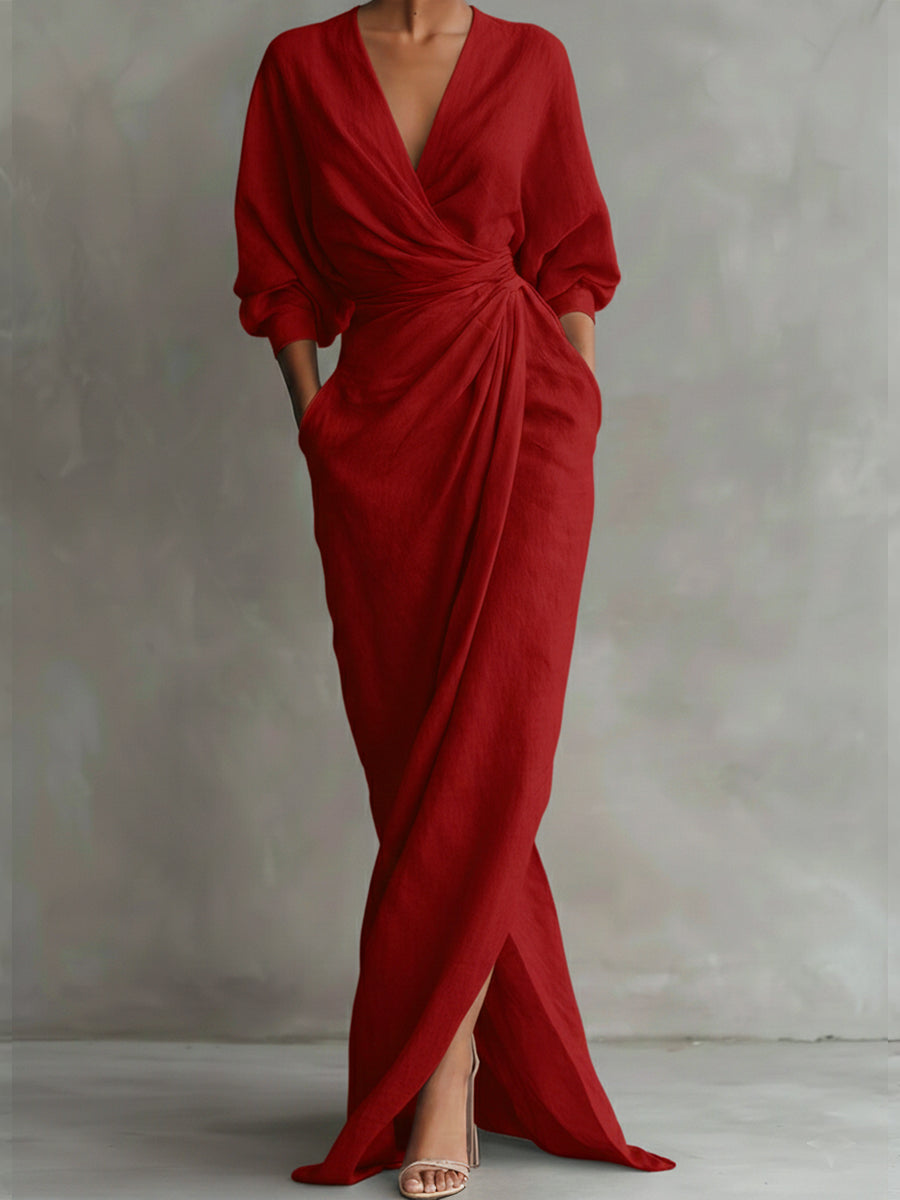 Women’s Linen Wrap Maxi Dress with V Neck, Three-Quarter Sleeves and Front Slit