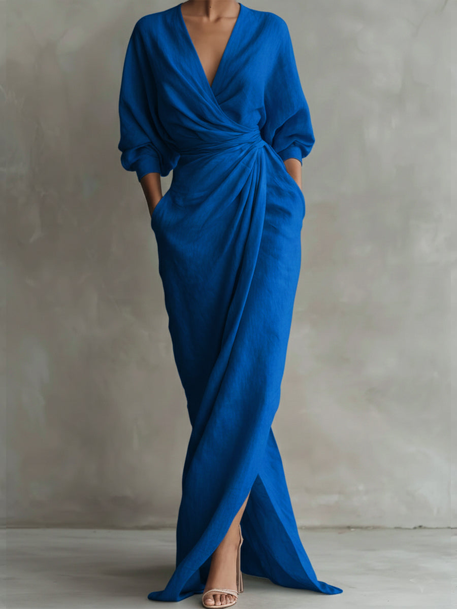 Women’s Linen Wrap Maxi Dress with V Neck, Three-Quarter Sleeves and Front Slit