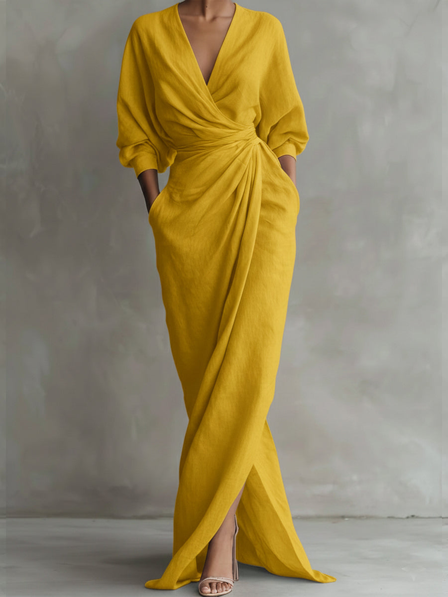 Women’s Linen Wrap Maxi Dress with V Neck, Three-Quarter Sleeves and Front Slit
