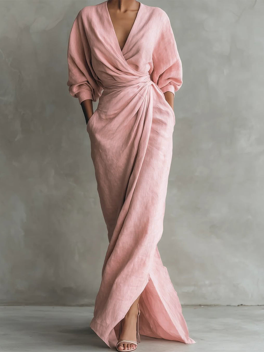 Women’s Linen Wrap Maxi Dress with V Neck, Three-Quarter Sleeves and Front Slit