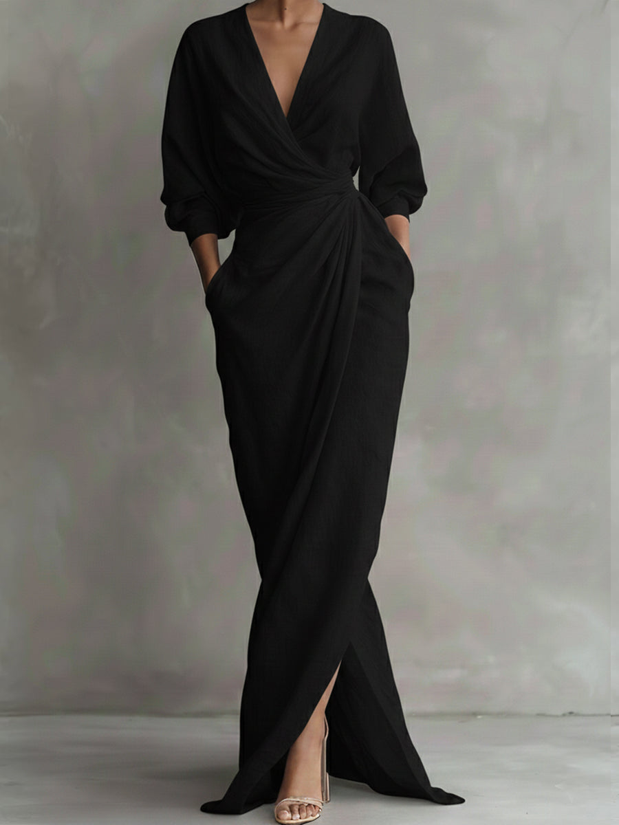 Women’s Linen Wrap Maxi Dress with V Neck, Three-Quarter Sleeves and Front Slit