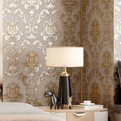 LZINA™ | Gold textured luxury classic 3D damask wallpaper decor