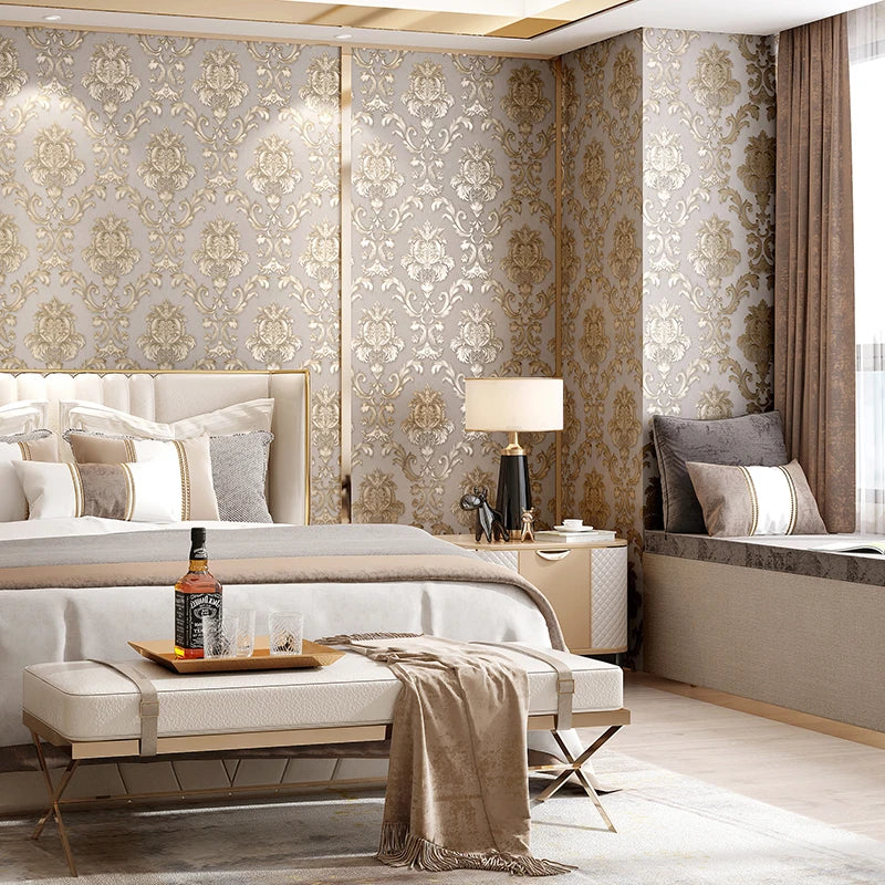 LZINA™ | Gold textured luxury classic 3D damask wallpaper decor