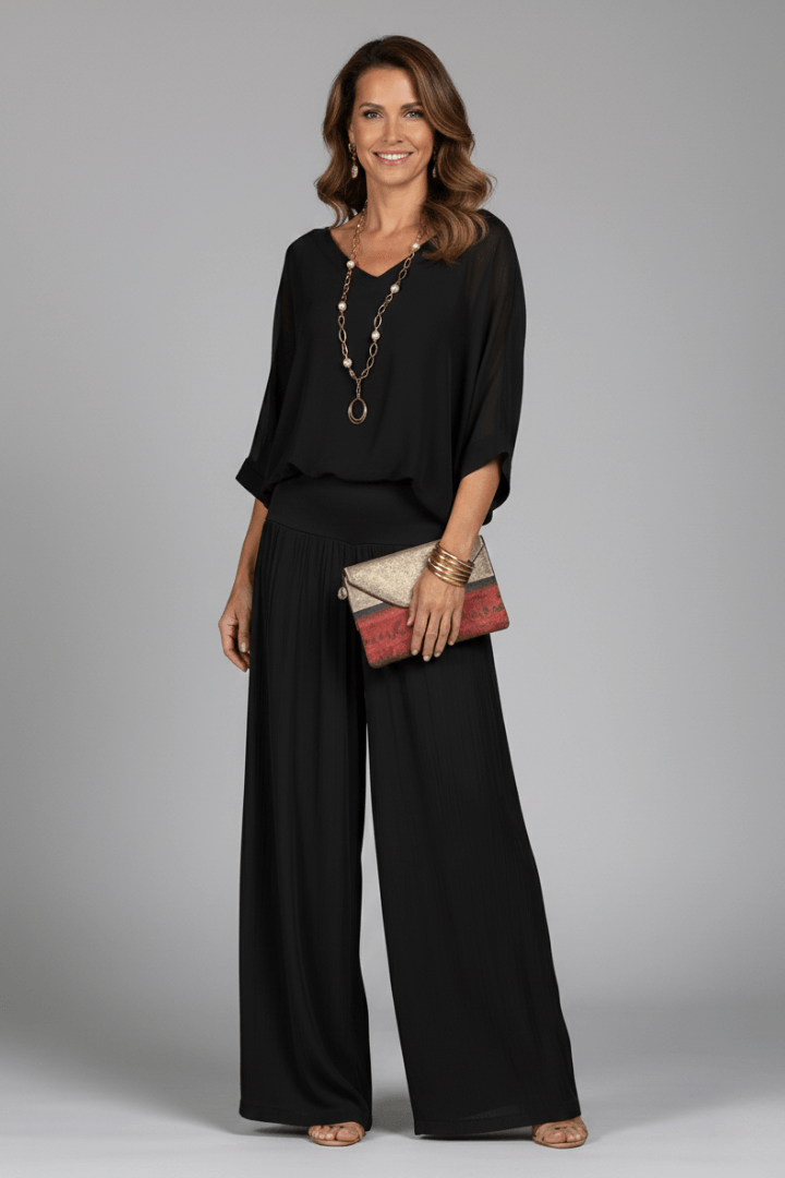 Women’s V-Neck Two Piece Co-Ord Set with Wide Leg Trousers