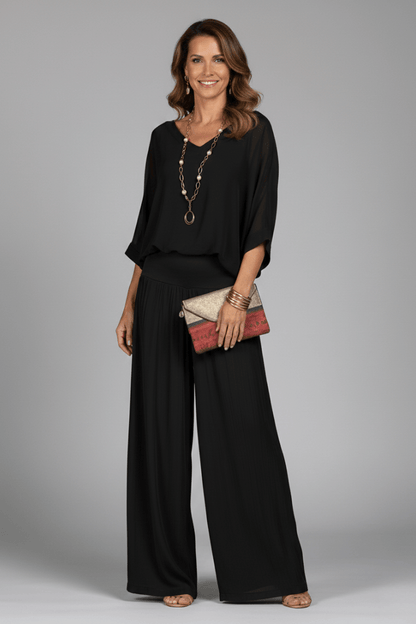 Women’s V-Neck Two Piece Co-Ord Set with Wide Leg Trousers