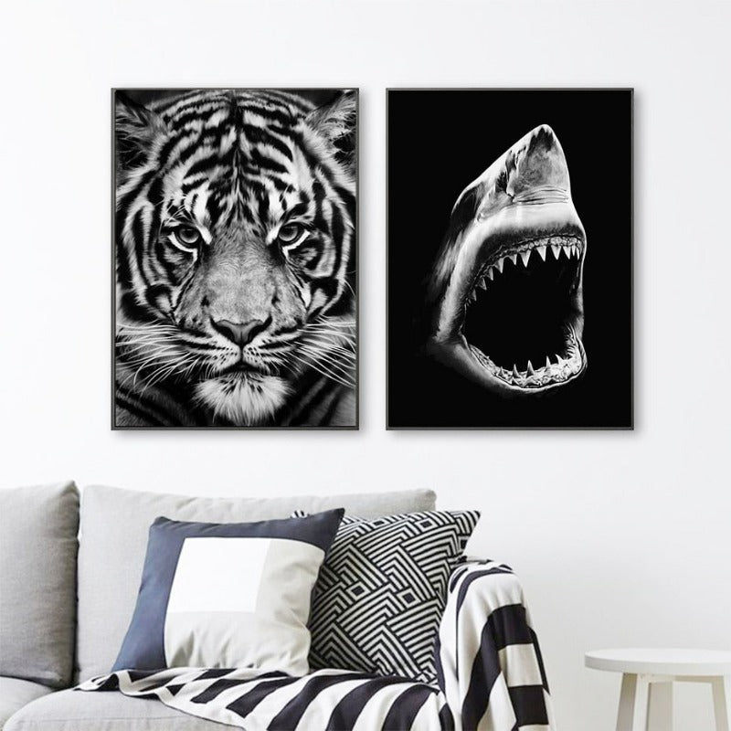 LZINA™ | Nature Wild Animals Africa Wildlife Black White - Canvas Wall Art Painting