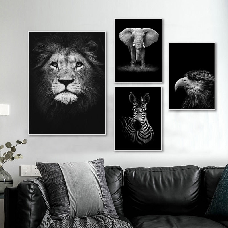 LZINA™ | Nature Wild Animals Africa Wildlife Black White - Canvas Wall Art Painting