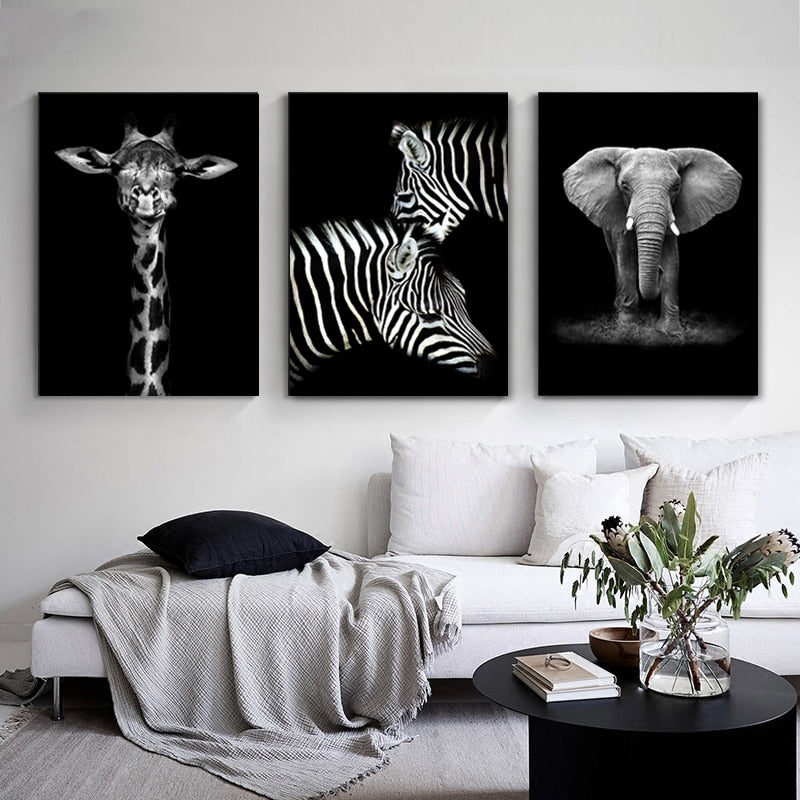 LZINA™ | Nature Wild Animals Africa Wildlife Black White - Canvas Wall Art Painting