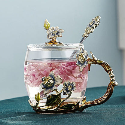 BowLift | Handcrafted enamel flower glass mug for couples love gift can serve coffee, flavored tea or even lemon juice in