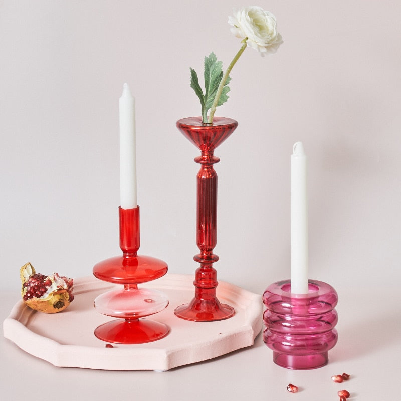 LZINA™ | Cherry Red Glass Stick Candle Holder & Vases