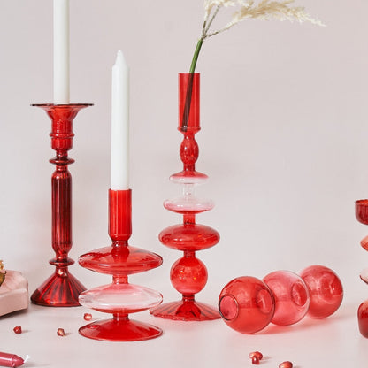 LZINA™ | Cherry Red Glass Stick Candle Holder & Vases
