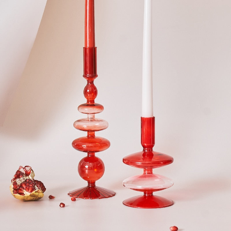 LZINA™ | Cherry Red Glass Stick Candle Holder & Vases