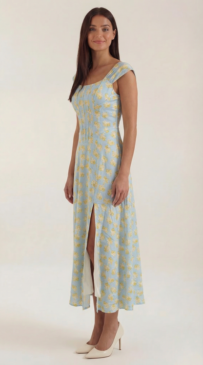 Women's Floral Wedding Guest A-Line Midi Dress with Side Slit
