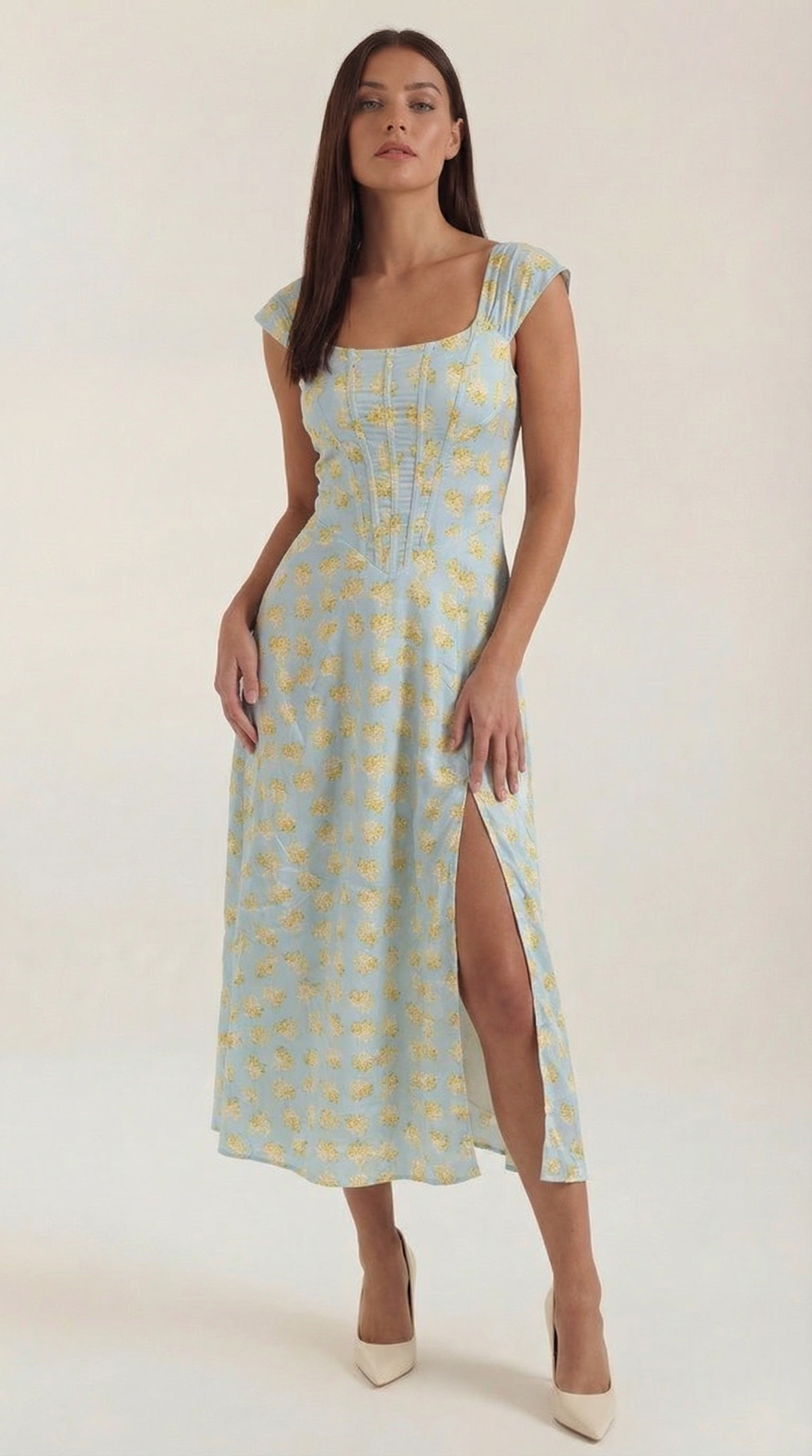 Women's Floral Wedding Guest A-Line Midi Dress with Side Slit