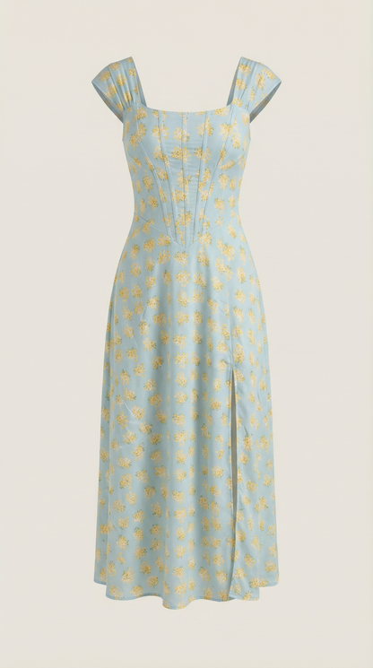 Women's Floral Wedding Guest A-Line Midi Dress with Side Slit