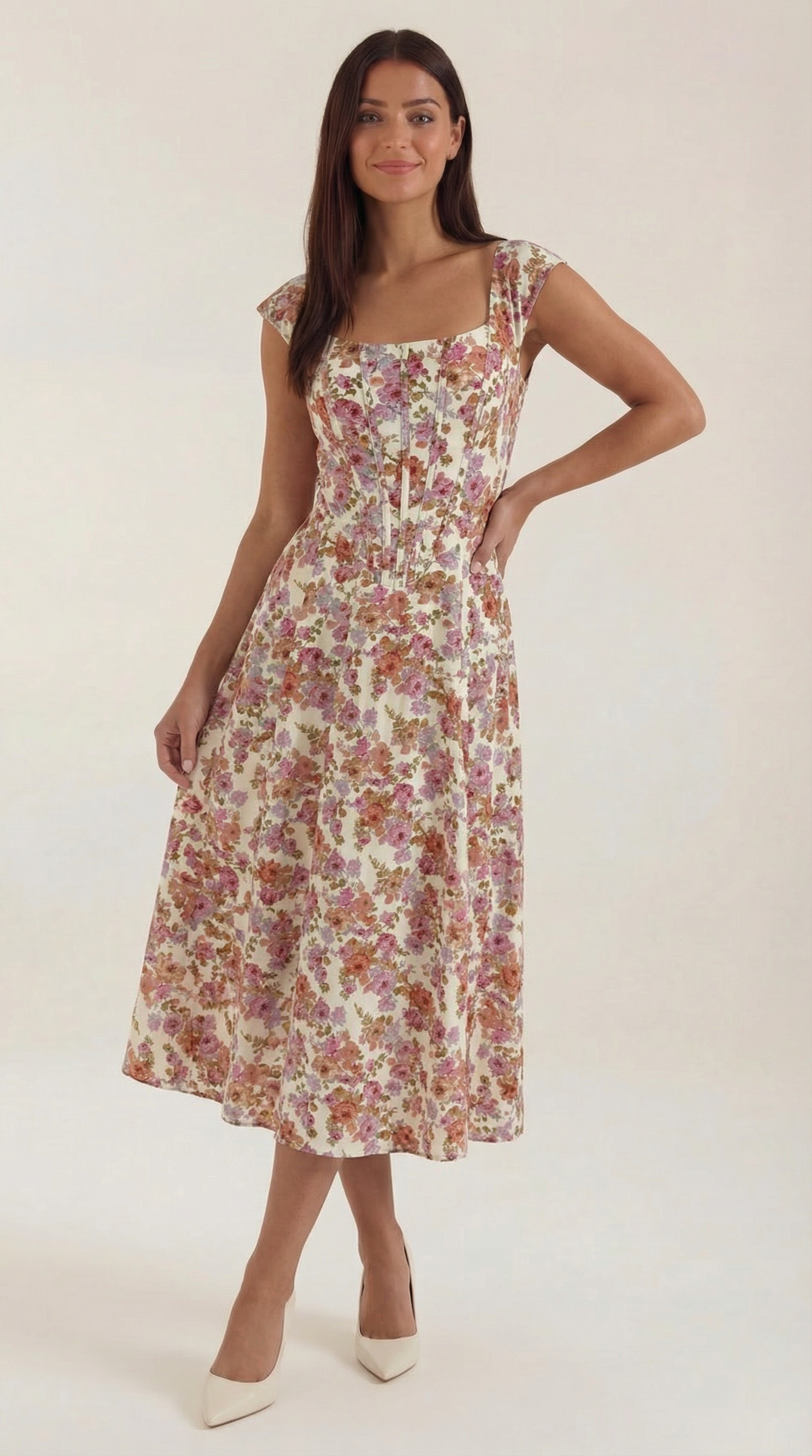 Women's Floral Wedding Guest A-Line Midi Dress with Side Slit