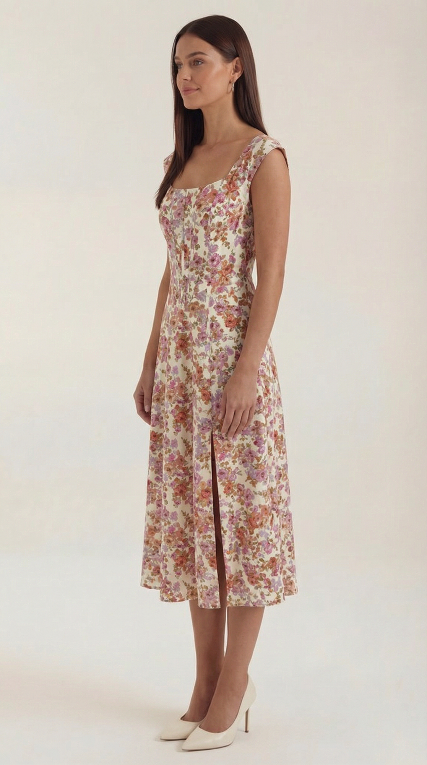 Women's Floral Wedding Guest A-Line Midi Dress with Side Slit