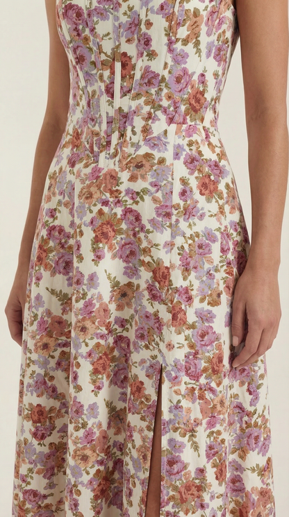 Women's Floral Wedding Guest A-Line Midi Dress with Side Slit