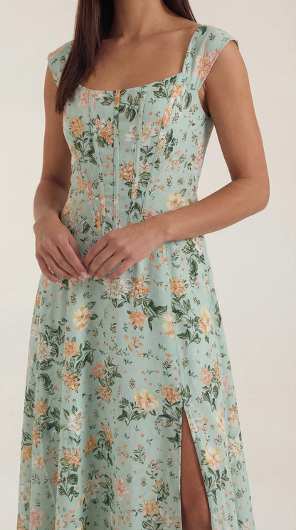 Women's Floral Wedding Guest A-Line Midi Dress with Side Slit