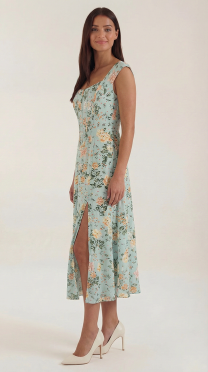 Women's Floral Wedding Guest A-Line Midi Dress with Side Slit