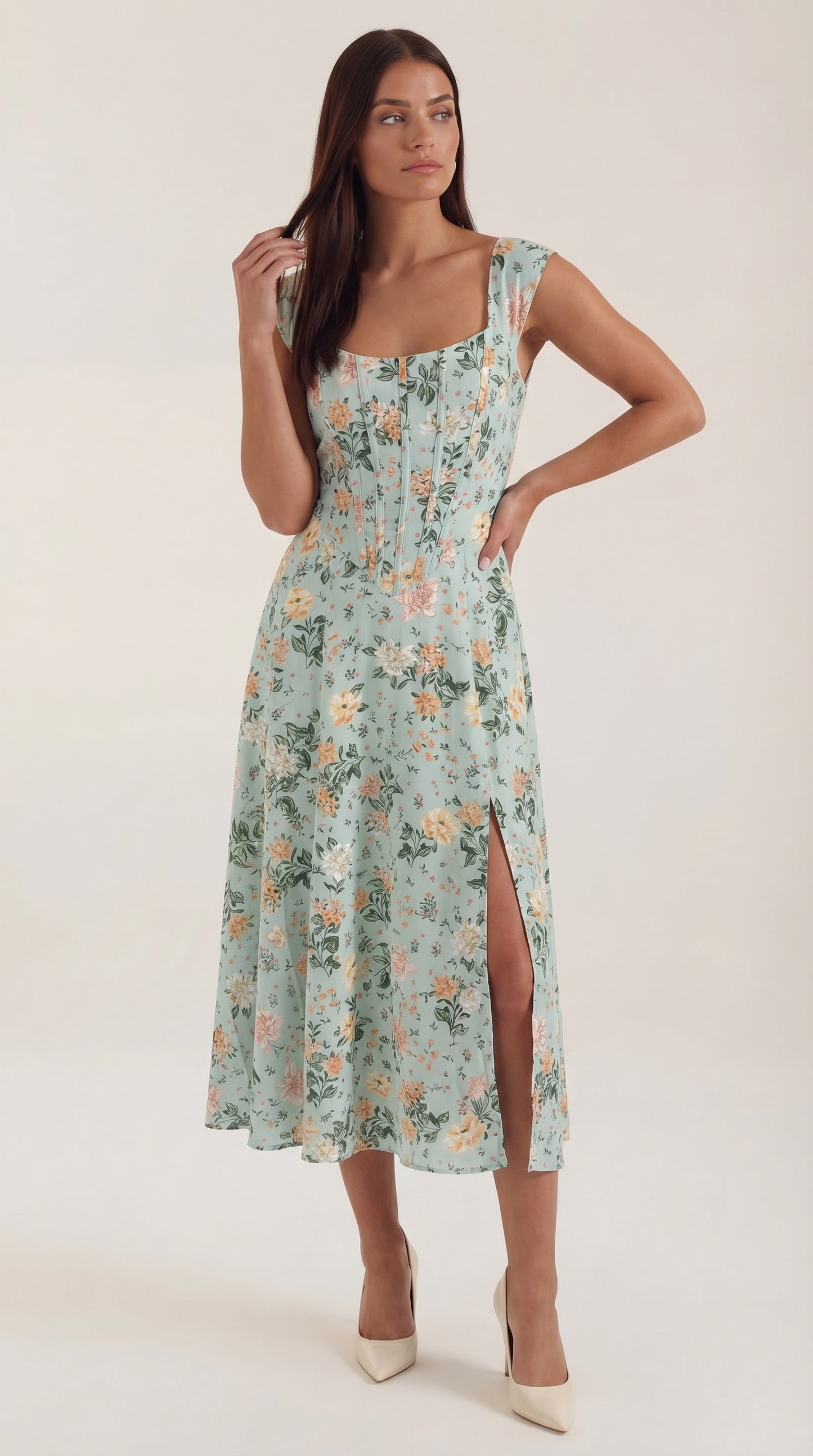 Women's Floral Wedding Guest A-Line Midi Dress with Side Slit