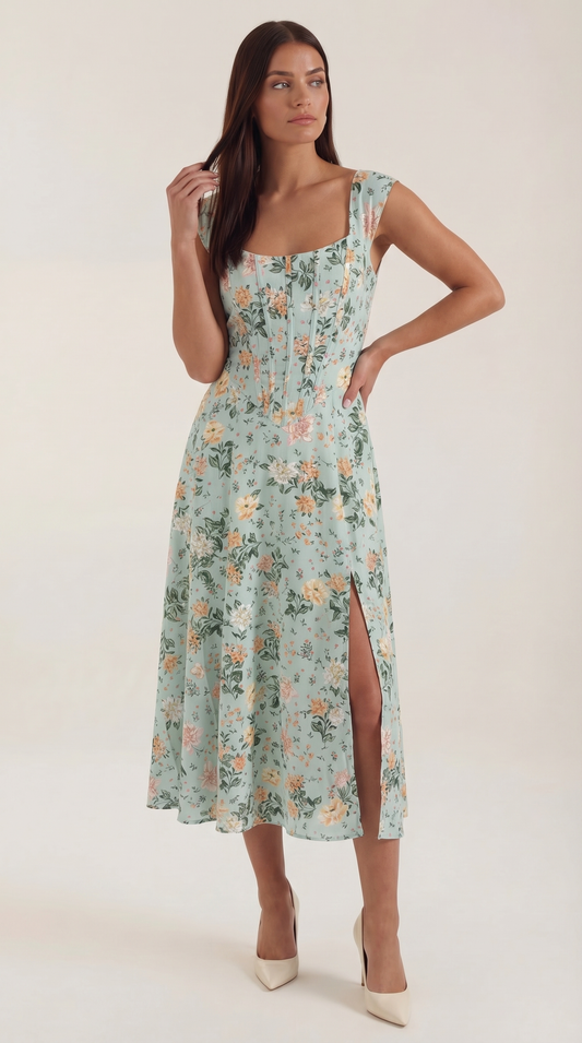 Women's Floral Wedding Guest A-Line Midi Dress with Side Slit