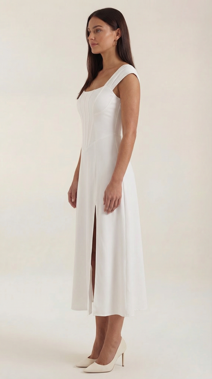 Women's Floral Wedding Guest A-Line Midi Dress with Side Slit