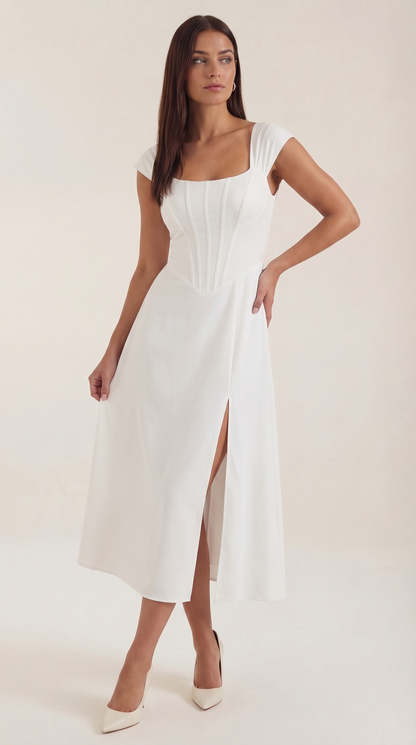 Women's Floral Wedding Guest A-Line Midi Dress with Side Slit