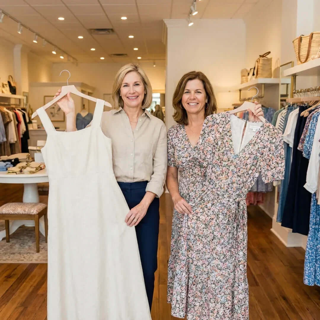 Two women smiling and holding up dresses on hangers inside a boutique clothing store, surrounded by racks of dresses and accessories