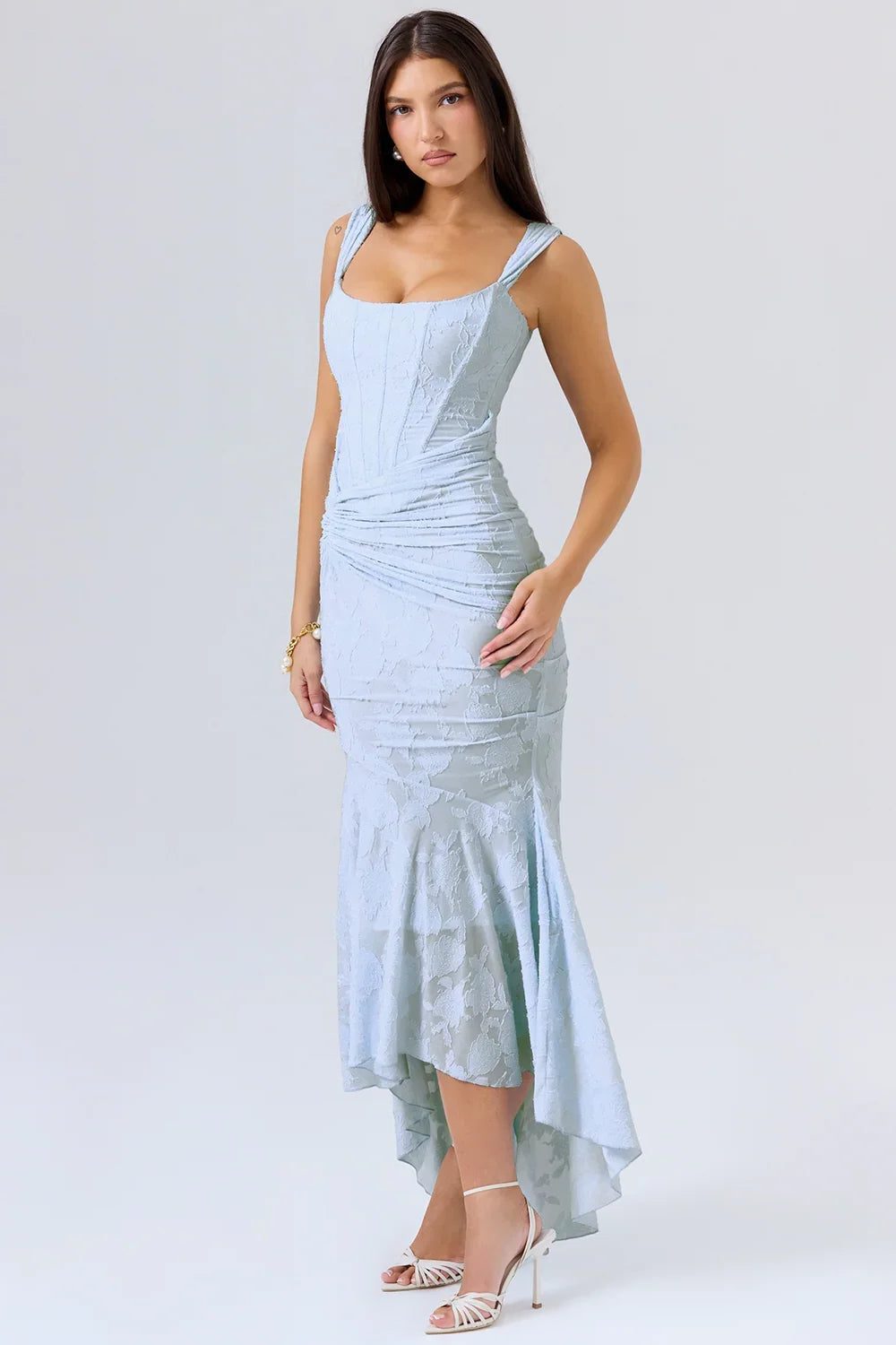 Women’s Textured Midi Dress with Scoop Neck, Sleeveless Cut and Fishtail Hem