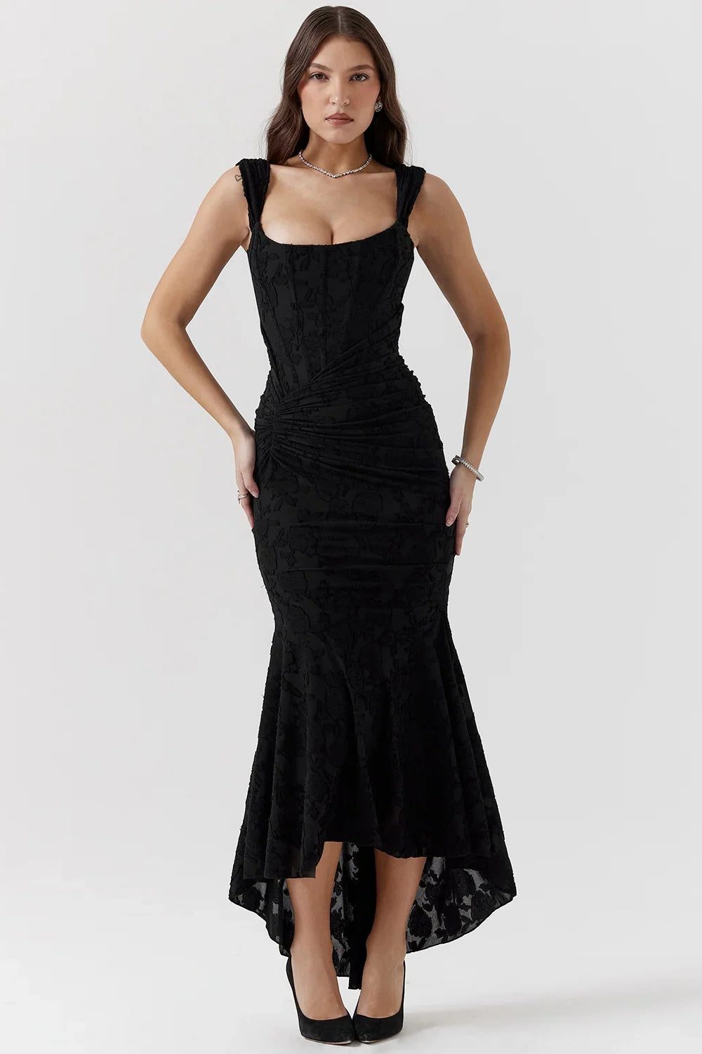 Women’s Textured Midi Dress with Scoop Neck, Sleeveless Cut and Fishtail Hem