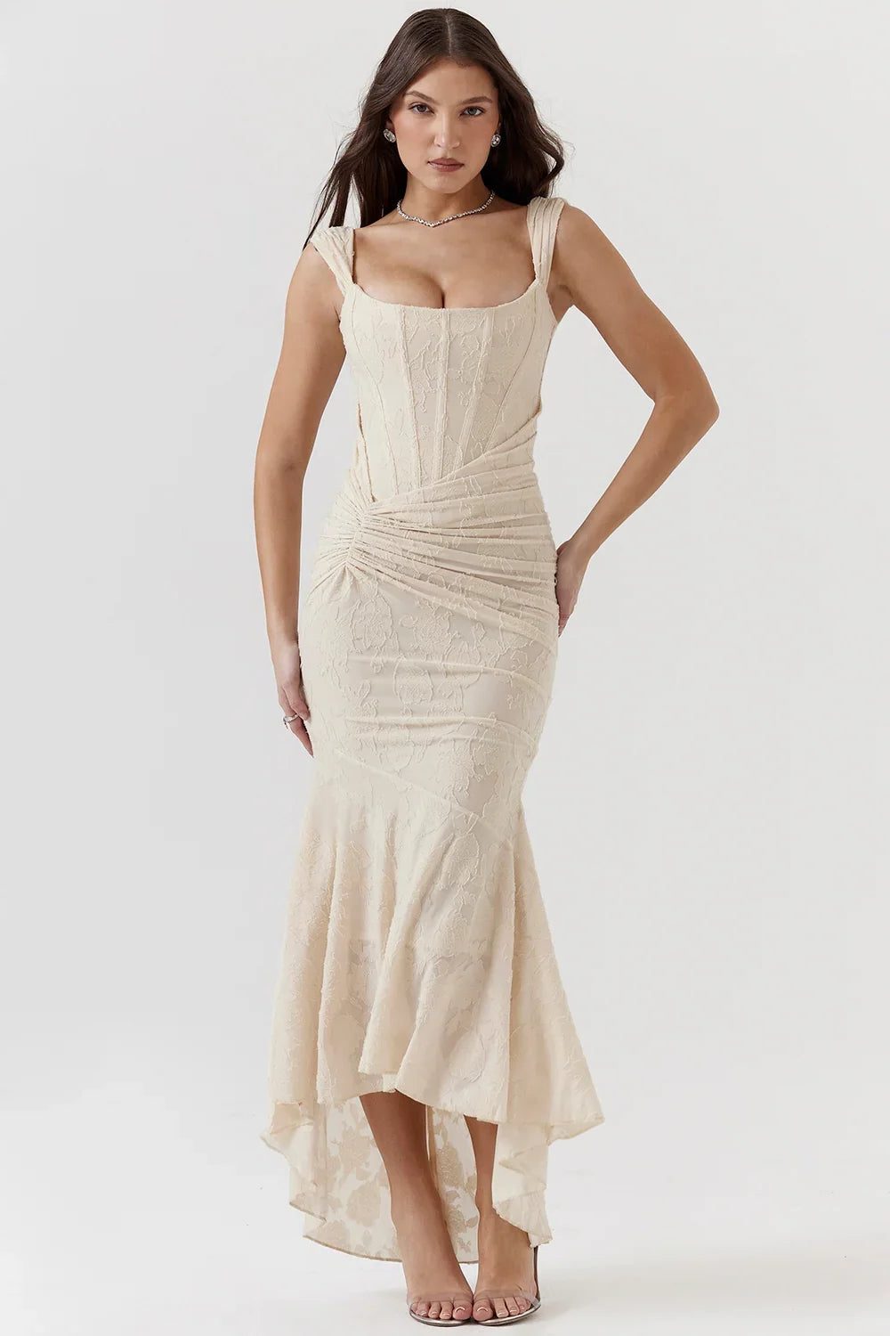 Women’s Textured Midi Dress with Scoop Neck, Sleeveless Cut and Fishtail Hem