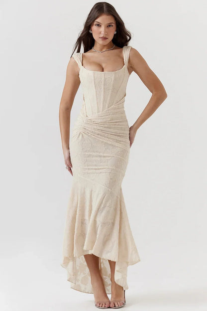 Women’s Textured Midi Dress with Scoop Neck, Sleeveless Cut and Fishtail Hem