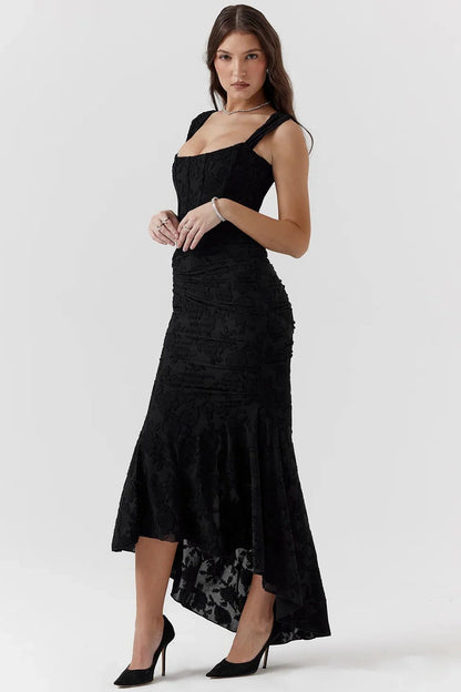 Women’s Textured Midi Dress with Scoop Neck, Sleeveless Cut and Fishtail Hem