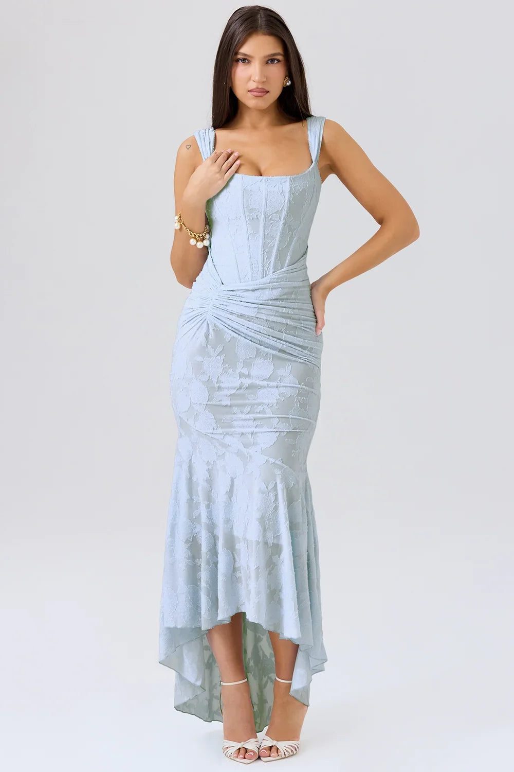 Women’s Textured Midi Dress with Scoop Neck, Sleeveless Cut and Fishtail Hem