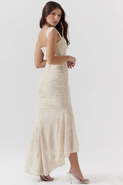 Women’s Textured Midi Dress with Scoop Neck, Sleeveless Cut and Fishtail Hem