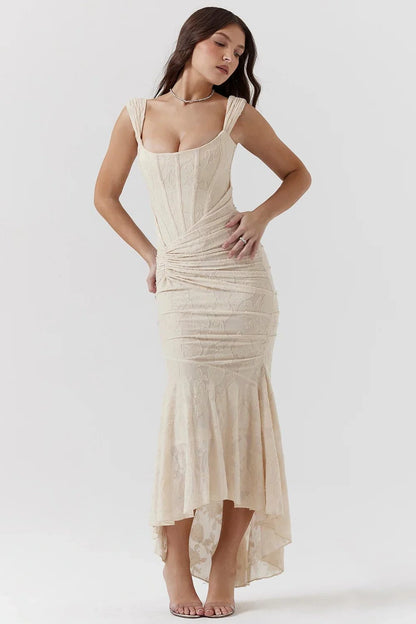 Women’s Textured Midi Dress with Scoop Neck, Sleeveless Cut and Fishtail Hem