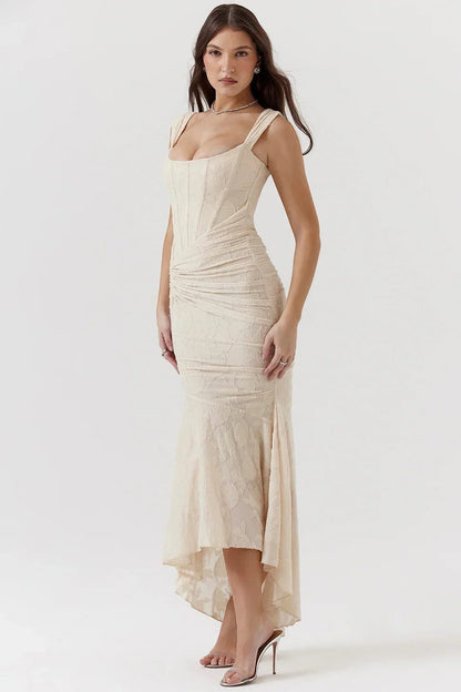 Women’s Textured Midi Dress with Scoop Neck, Sleeveless Cut and Fishtail Hem